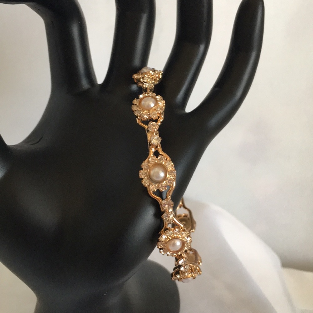 Ornate Faux Pearl Crystal Bangle Bracelet